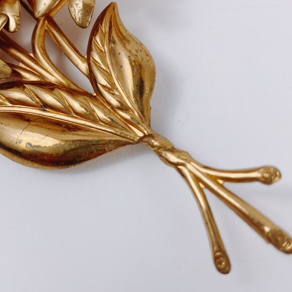 Large 4" Vintage 1940s Gold Tone Floral Spray Brooch With Amber Glass Stones - Picture 6 of 11